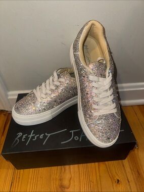 Betsey Johnson Iridescent Glitter Lace-Up Platform Sneakers - White Soles
